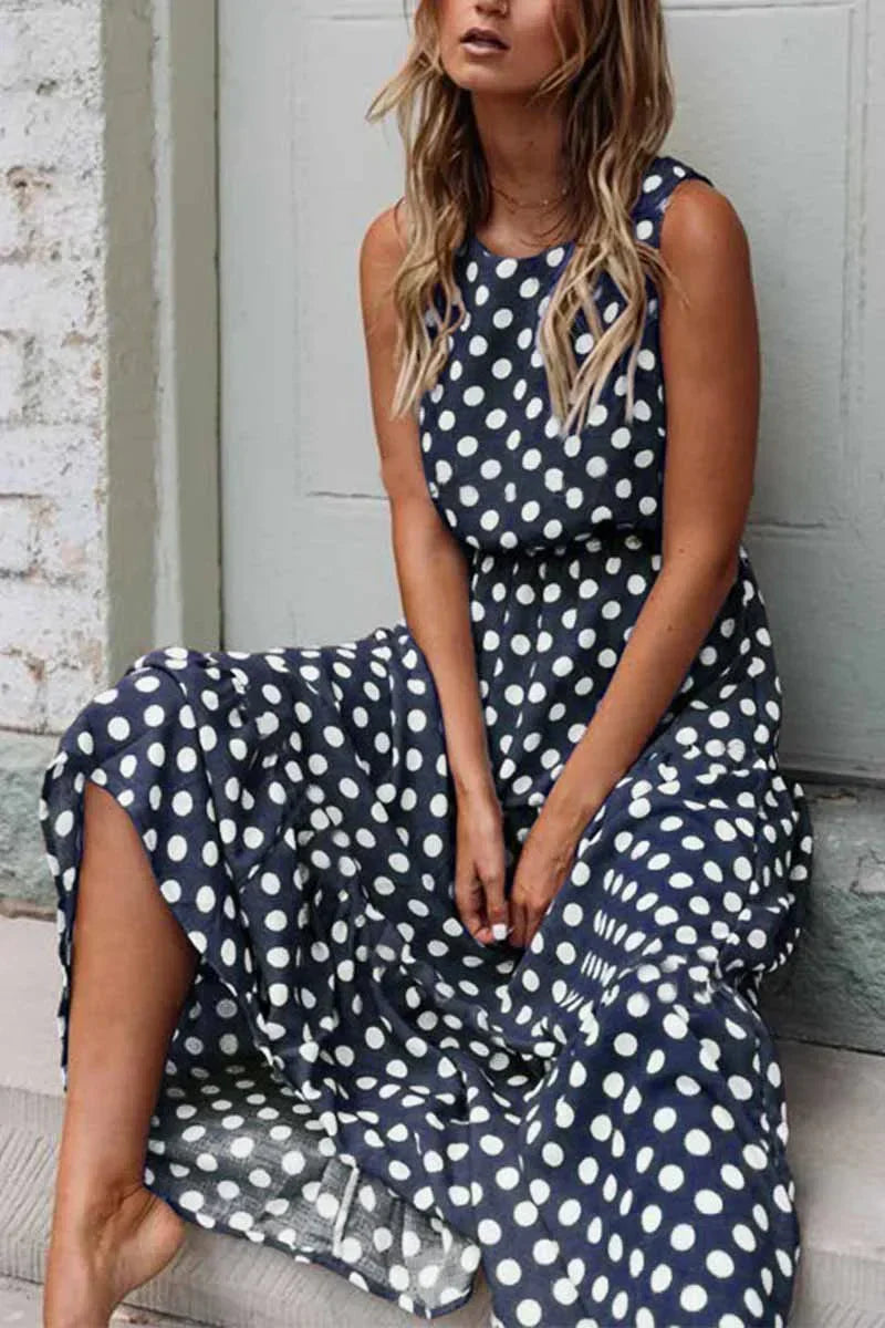 Isabelle | Polka Dot Sleeveless Elastic Waist Casual Maxi Dress