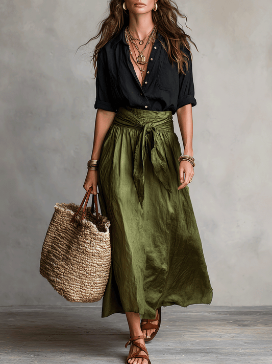 Sage | Women's Boho Button Down Blouse Tie Waist Maxi Skirt Set