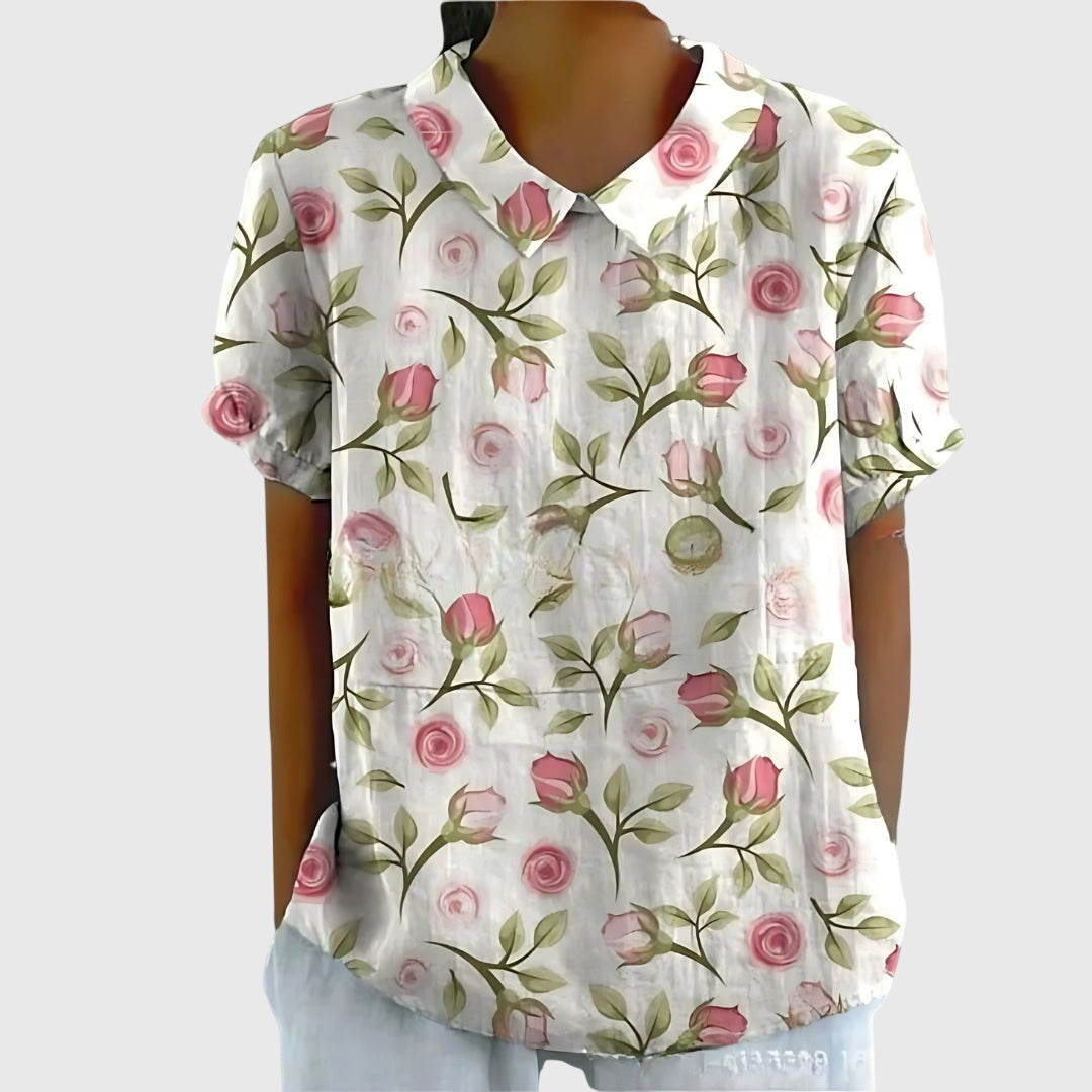 Jenna | Floral Print Collared Short Sleeve Casual Linen Blouse