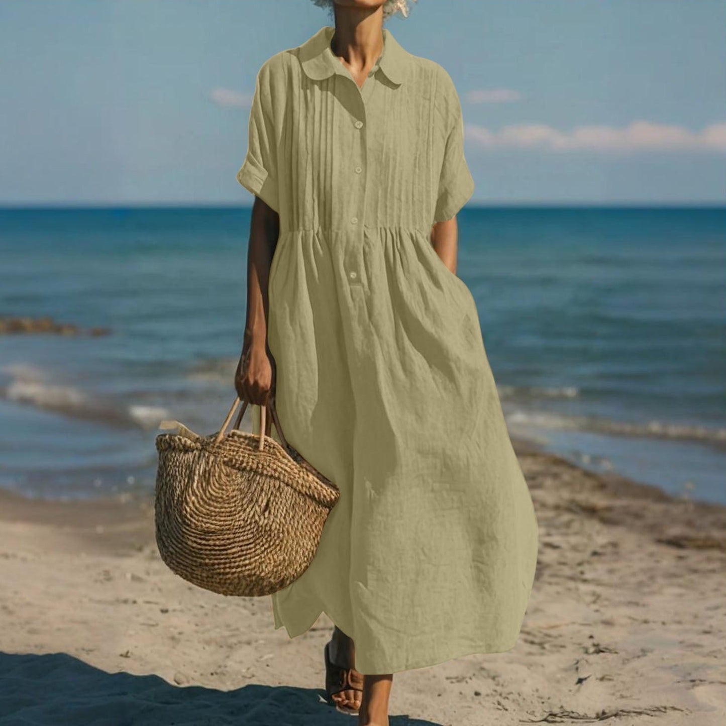 Mandy | Women's Cotton Blend Collared Button Down Relaxed Summer Midi Dress