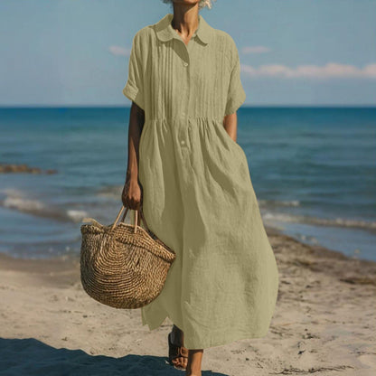 Mandy | Women's Cotton Blend Collared Button Down Relaxed Summer Midi Dress