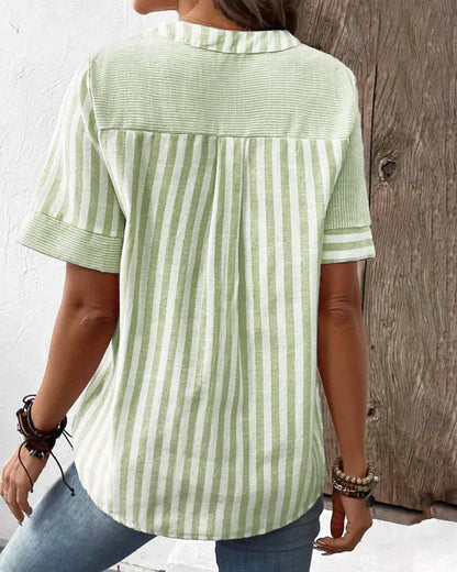 Monroe | Striped Colorblock Short Sleeve Stand Collar Casual Top