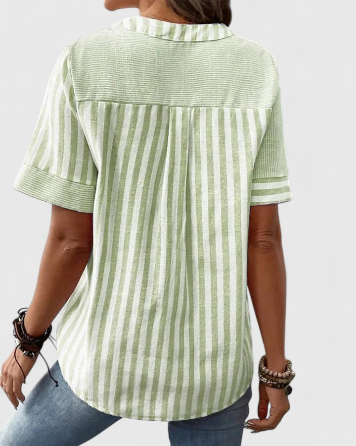 Gigi | Striped Colorblock Short Sleeve Stand Collar Casual Blouse