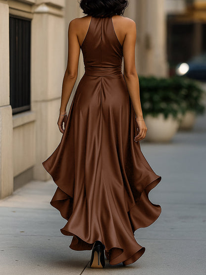 Callie | Women's Satin Halter Wrap Ruffle Hem Evening Maxi Dress