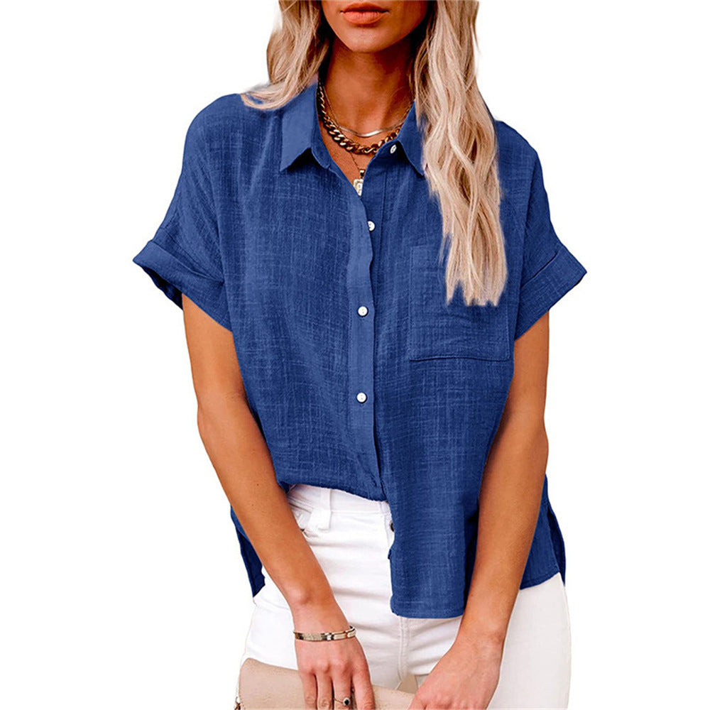 Yara | Women's Cotton Linen Blend Short Sleeve Button Down Blouse