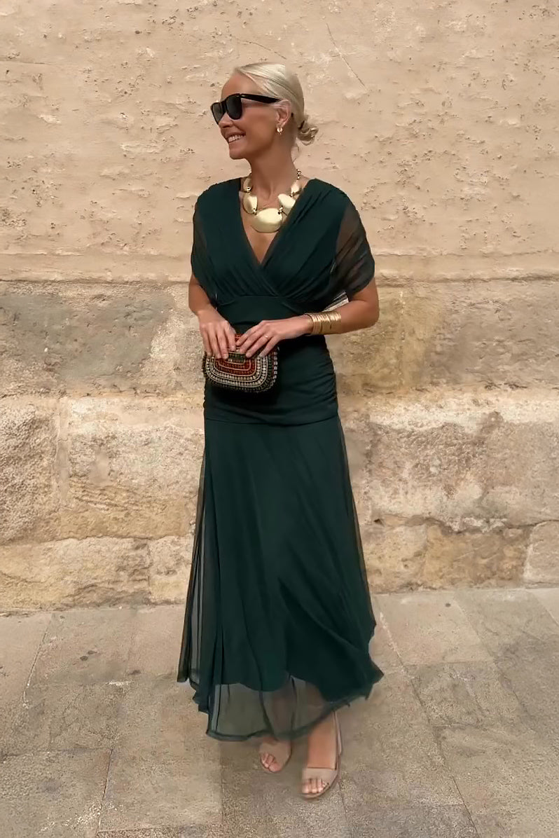 Philippa | Women's Elegant V Neck Chiffon Pleated Wedding Guest Maxi Dress