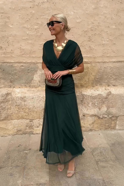 Philippa | Women's Elegant V Neck Chiffon Pleated Wedding Guest Maxi Dress
