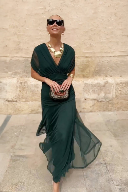 Philippa | Women's Elegant V Neck Chiffon Pleated Wedding Guest Maxi Dress