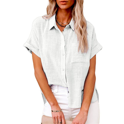 Yara | Women's Cotton Linen Blend Short Sleeve Button Down Blouse