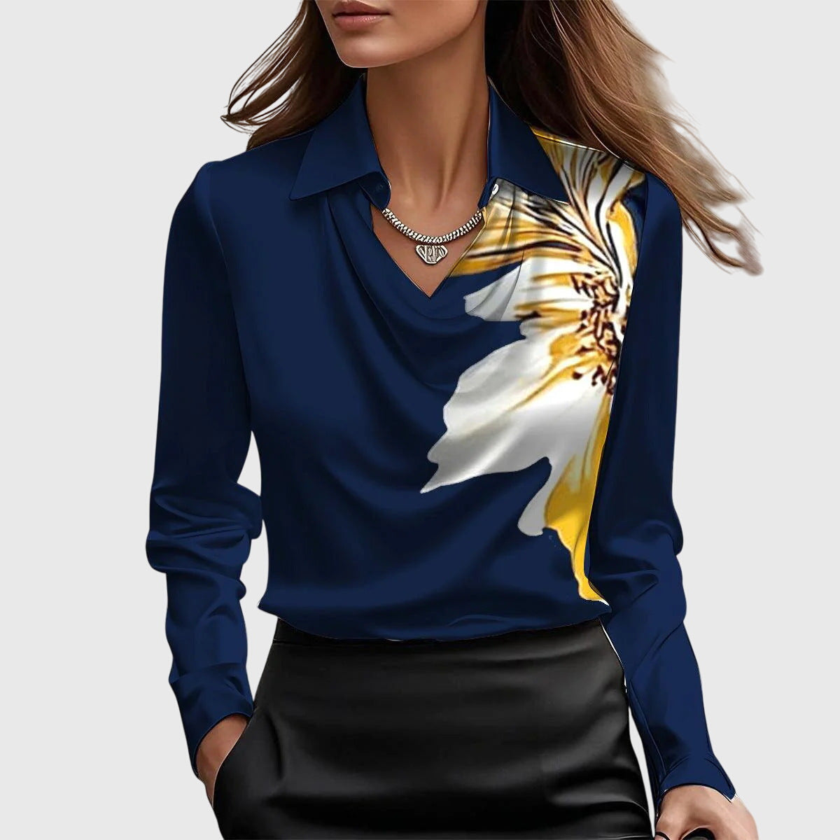 Brooklyn | Satin Draped Cowl Neck Collared Long Sleeve Blouse