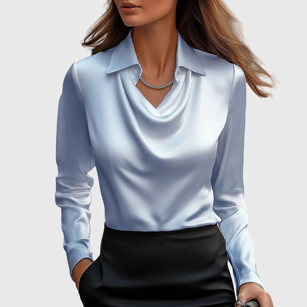 Brooklyn | Satin Draped Cowl Neck Collared Long Sleeve Blouse