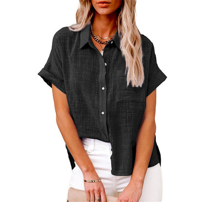 Yara | Women's Cotton Linen Blend Short Sleeve Button Down Blouse