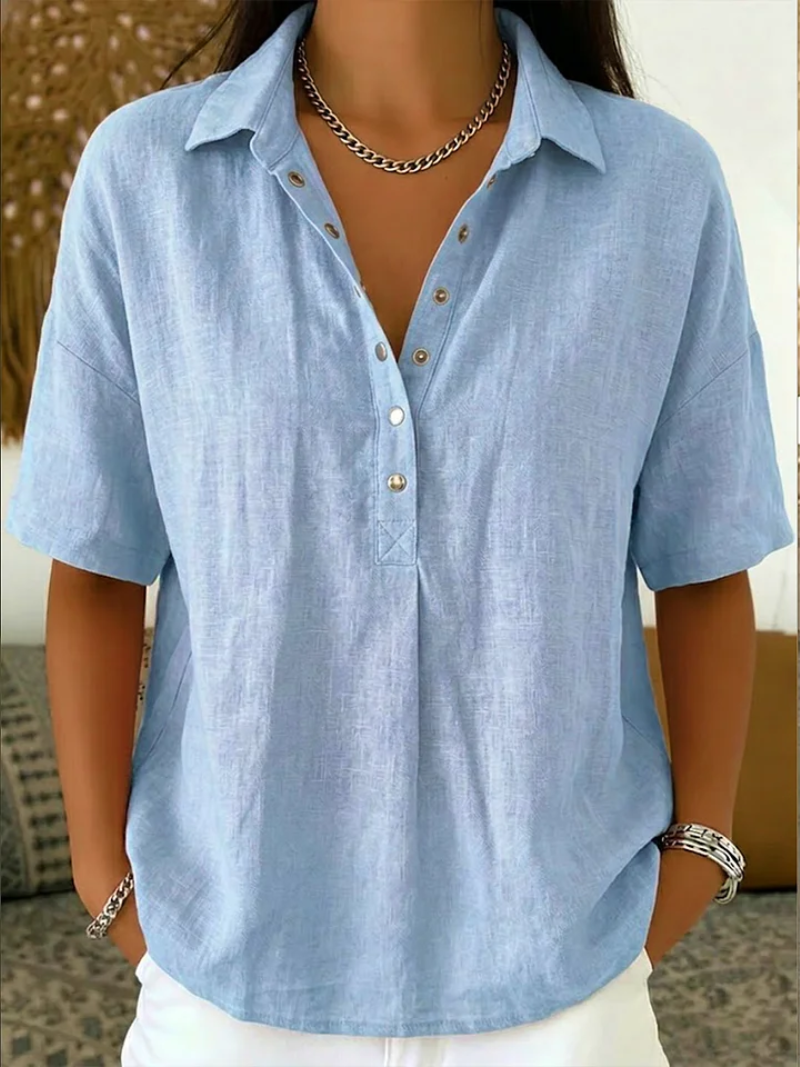 Quinley | Women's Linen Blend Collared V Neck Relaxed Blouse