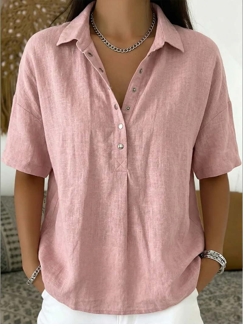 Quinley | Women's Linen Blend Collared V Neck Relaxed Blouse