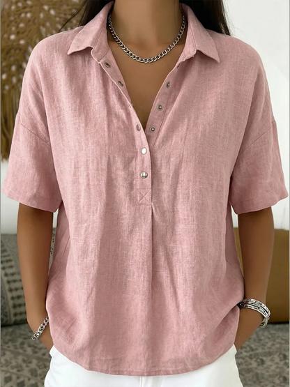 Quinley | Women's Linen Blend Collared V Neck Relaxed Blouse