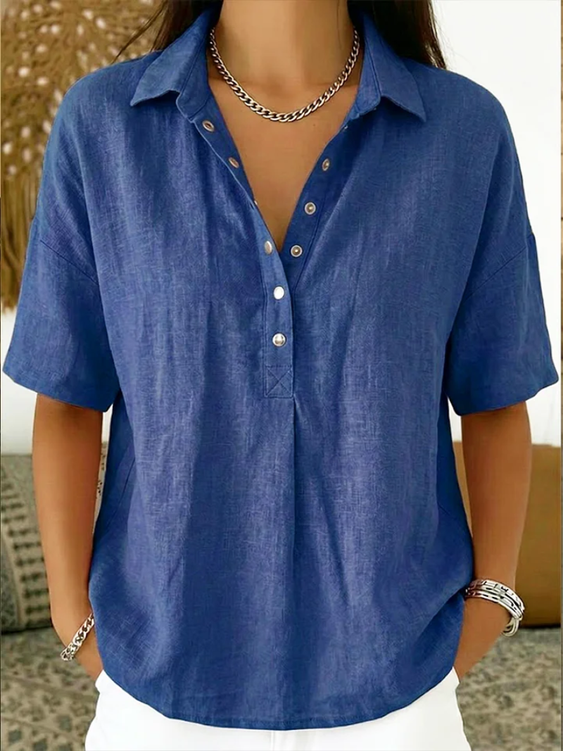 Quinley | Women's Linen Blend Collared V Neck Relaxed Blouse