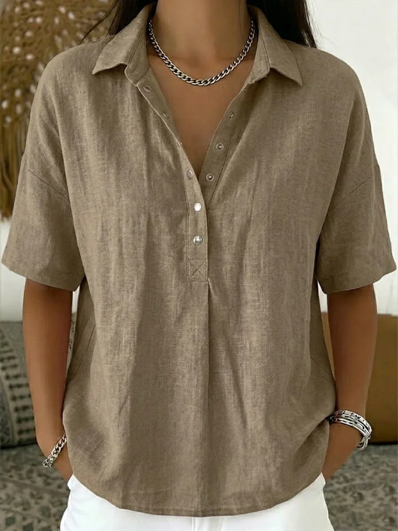 Quinley | Women's Linen Blend Collared V Neck Relaxed Blouse