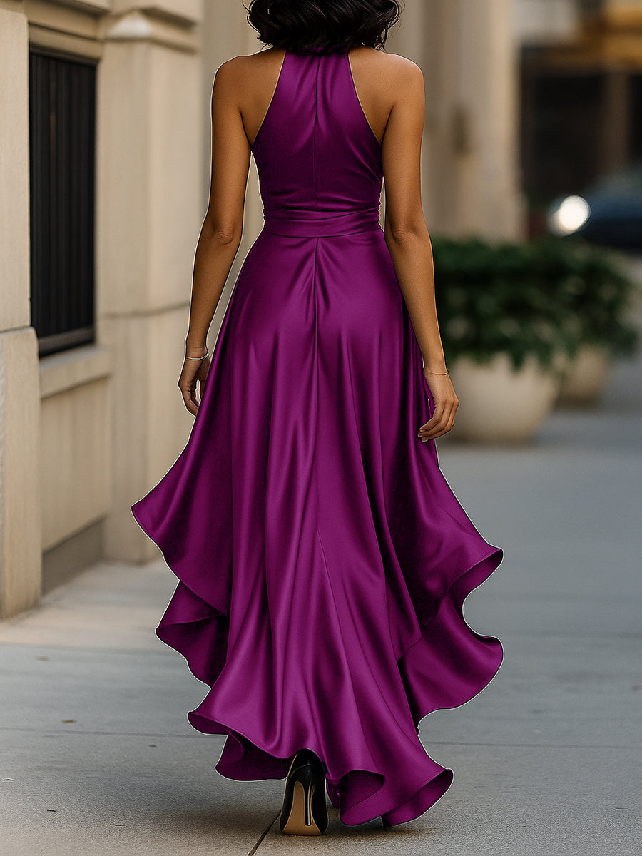 Callie | Women's Satin Halter Wrap Ruffle Hem Evening Maxi Dress