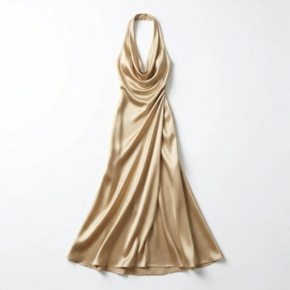 Birchbourne | Women's Halter Cowl Neck Satin Formal Evening Maxi Dress