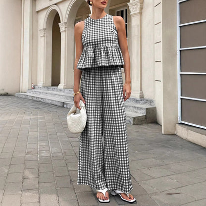 Tessa | Women's Gingham Sleeveless Peplum Top Wide Leg Pants Set