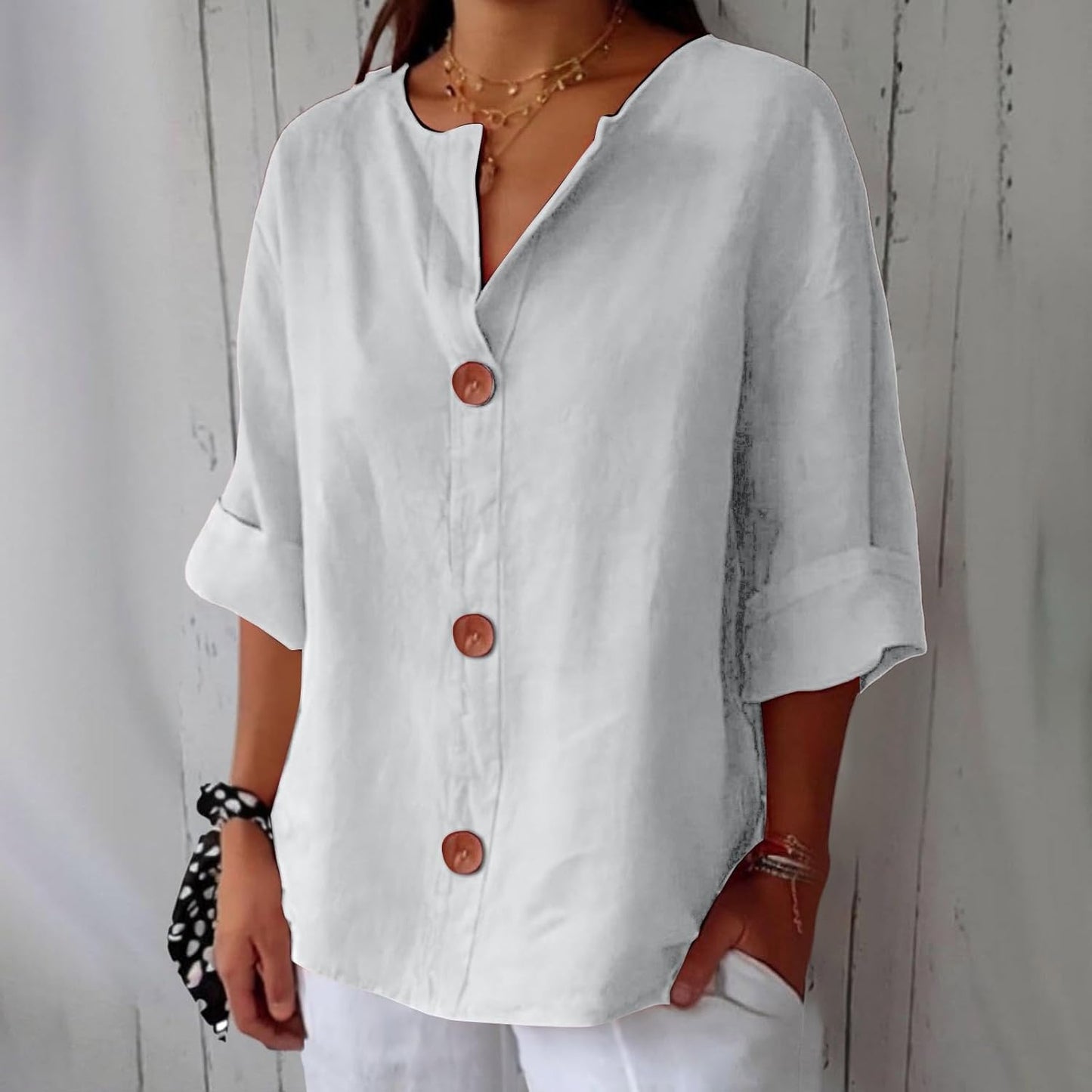 June | V Neck Button Down 3/4 Sleeve Relaxed Casual Blouse