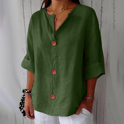 June | V Neck Button Down 3/4 Sleeve Relaxed Casual Blouse