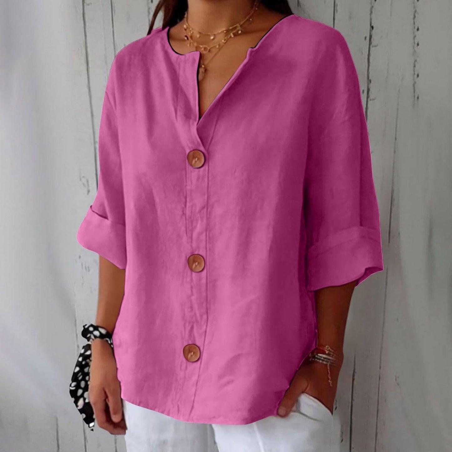June | V Neck Button Down 3/4 Sleeve Relaxed Casual Blouse