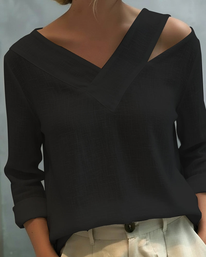 Aria | Long Sleeve Asymmetric V Neck Off Shoulder Relaxed Top
