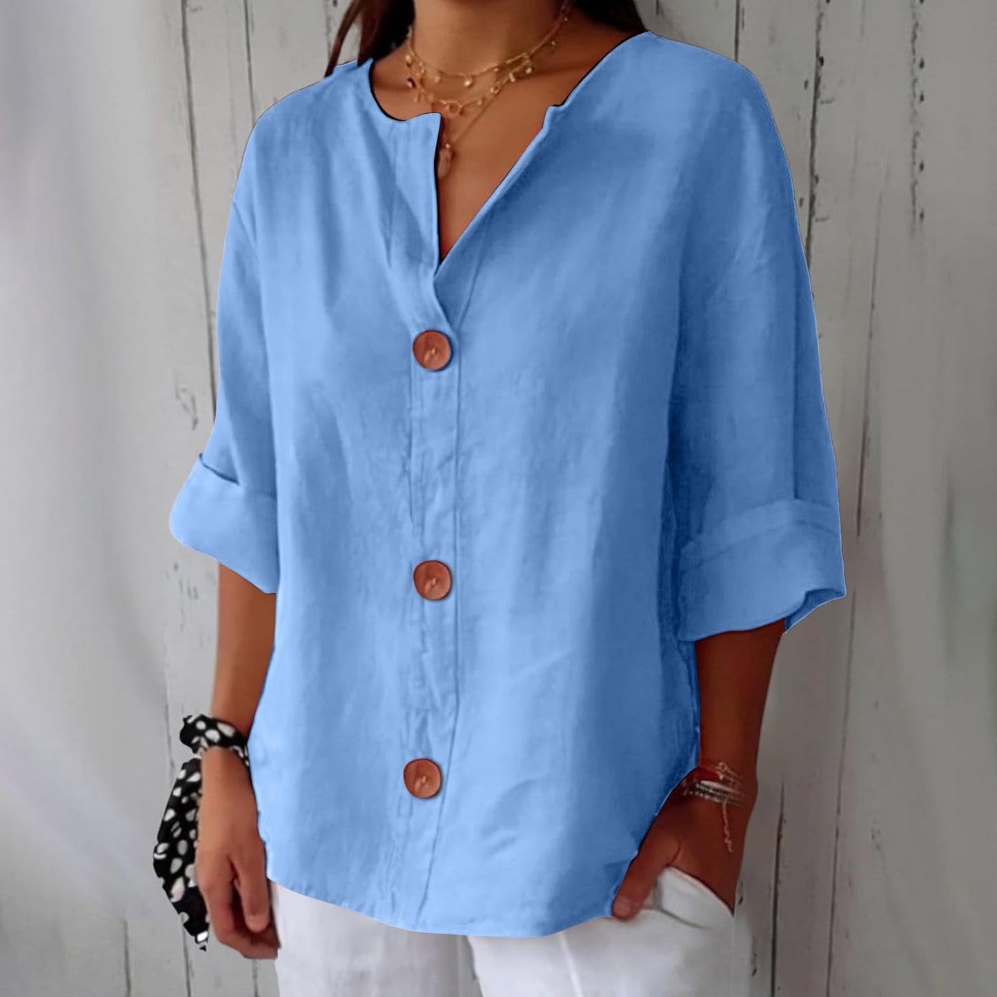 June | V Neck Button Down 3/4 Sleeve Relaxed Casual Blouse