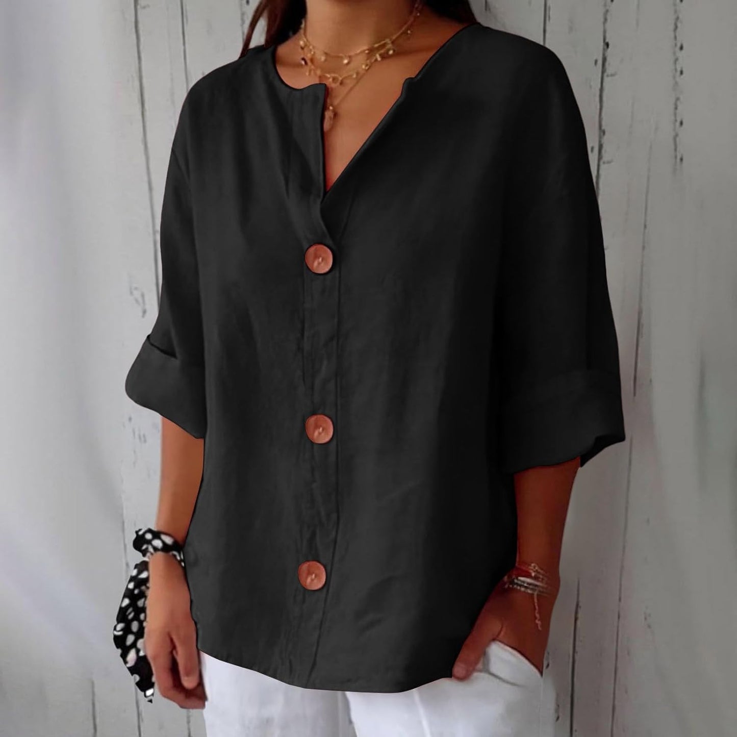 June | V Neck Button Down 3/4 Sleeve Relaxed Casual Blouse