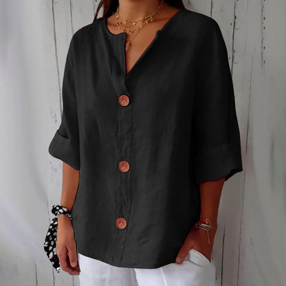 June | V Neck Button Down 3/4 Sleeve Relaxed Casual Blouse