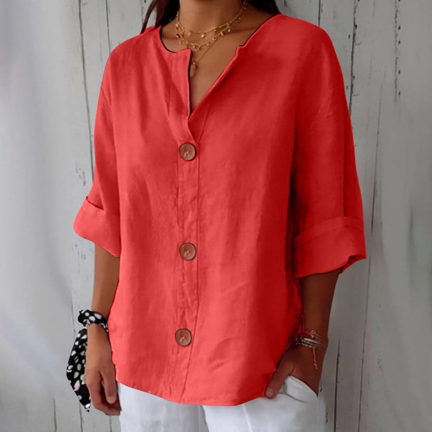 June | V Neck Button Down 3/4 Sleeve Relaxed Casual Blouse