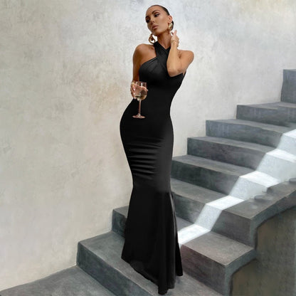 Gabriella | Crossover Halter Neck Open Back Bodycon Fishtail Elegant Maxi Dress