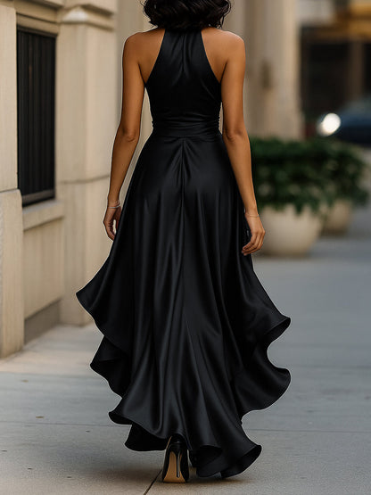Callie | Women's Satin Halter Wrap Ruffle Hem Evening Maxi Dress