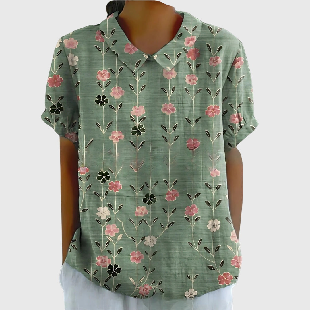 Jenna | Floral Print Collared Short Sleeve Casual Linen Blouse