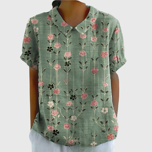 Jenna | Floral Print Collared Short Sleeve Casual Linen Blouse