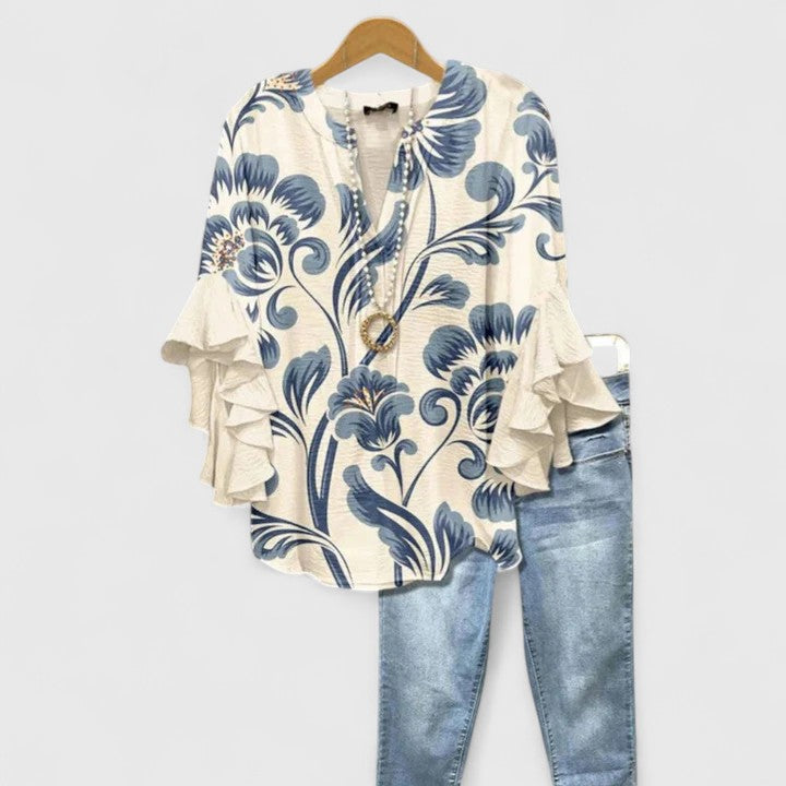 Saryphiah | Floral Print Ruffle Sleeve V Neck Casual Blouse