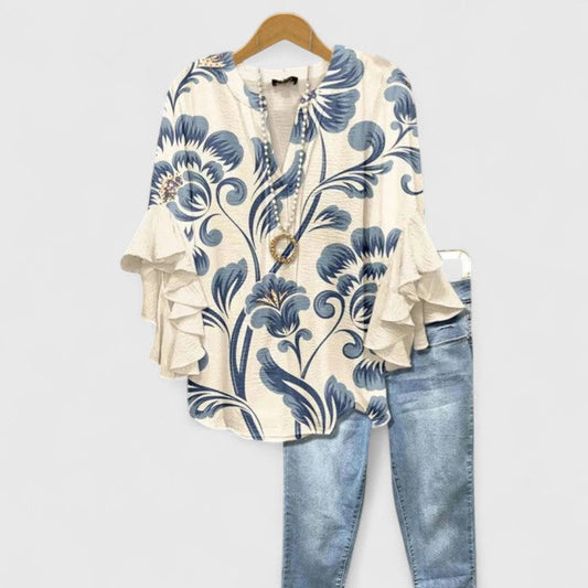 Saryphiah | Floral Print Ruffle Sleeve V Neck Casual Blouse