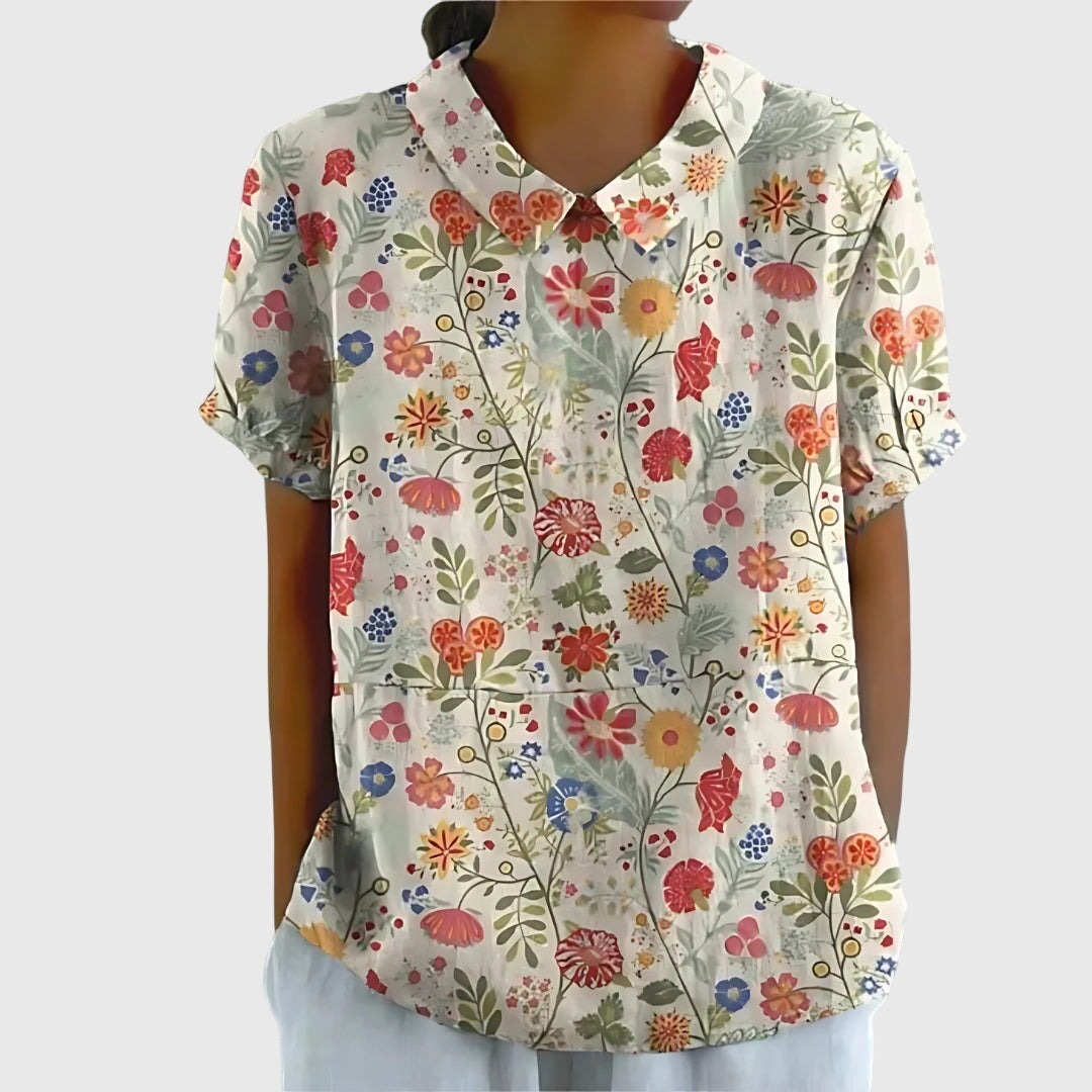 Jenna | Floral Print Collared Short Sleeve Casual Linen Blouse