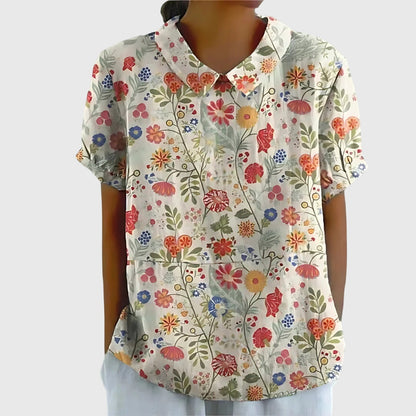 Jenna | Floral Print Collared Short Sleeve Casual Linen Blouse
