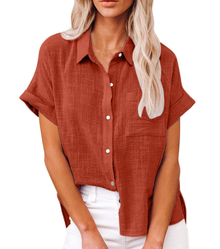 Yara | Women's Cotton Linen Blend Short Sleeve Button Down Blouse