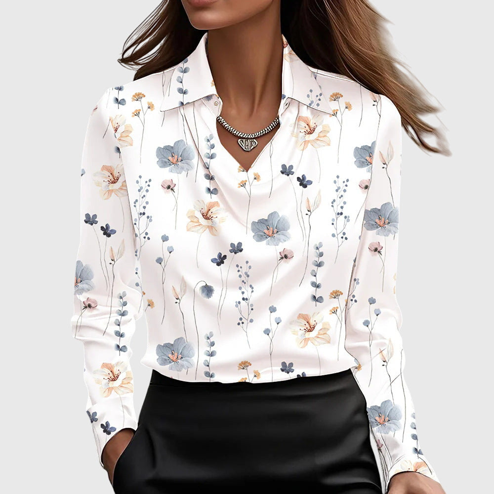 Brooklyn | Satin Draped Cowl Neck Collared Long Sleeve Blouse