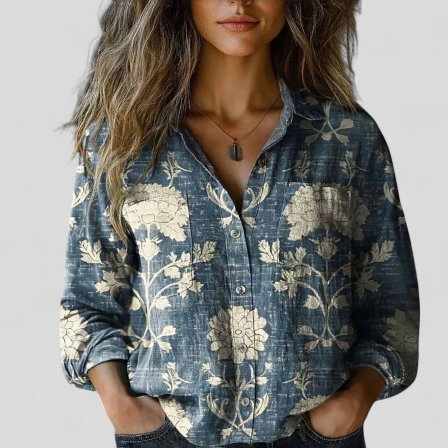 Lorenhilde | Colorblock Floral Long Sleeve Button Down Casual Boho Blouse