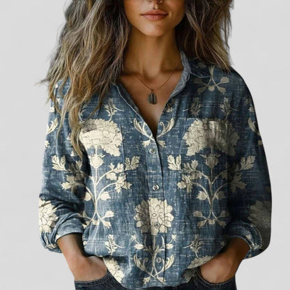 Lorenhilde | Colorblock Floral Long Sleeve Button Down Casual Boho Blouse