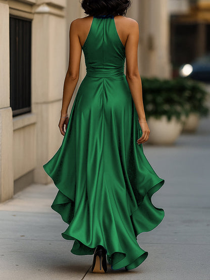 Callie | Women's Satin Halter Wrap Ruffle Hem Evening Maxi Dress