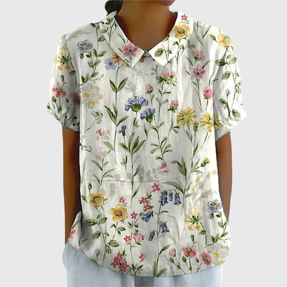 Jenna | Floral Print Collared Short Sleeve Casual Linen Blouse