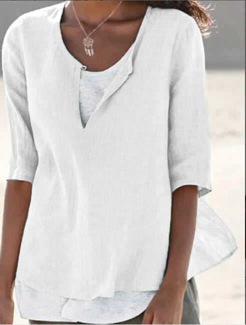 Maya | 3/4 Sleeve Split Neck Layered Hem Linen Blend Casual Top