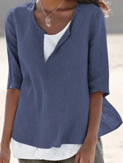 Maya | 3/4 Sleeve Split Neck Layered Hem Linen Blend Casual Top