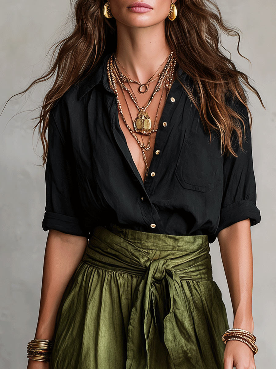 Sage | Women's Boho Button Down Blouse Tie Waist Maxi Skirt Set