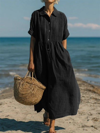 Mandy | Women's Cotton Blend Collared Button Down Relaxed Summer Midi Dress